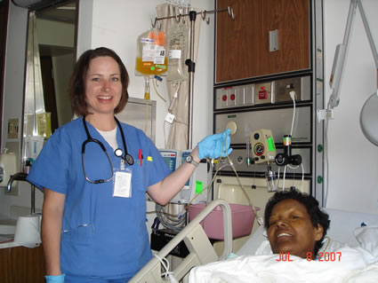 Melissa Rex, RN, attending Irene, and transfusing Dave’s platelets